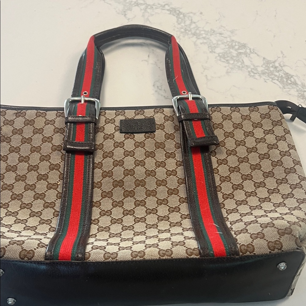 Gucci Beige and Brown Canvas Bag with Red and Green Straps